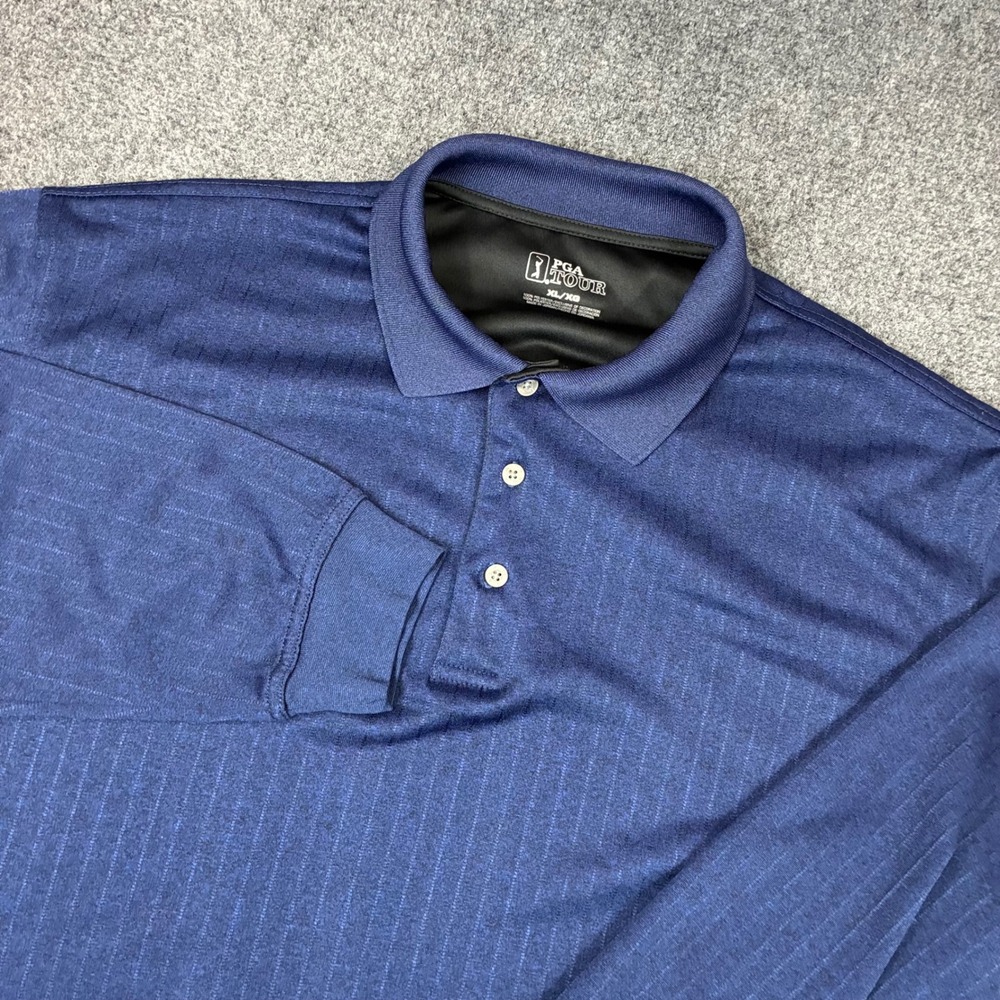 PGA Tour Mens XL Long Sleeve Polo Shirt Navy Blue Pinstripe Performance Golf Top